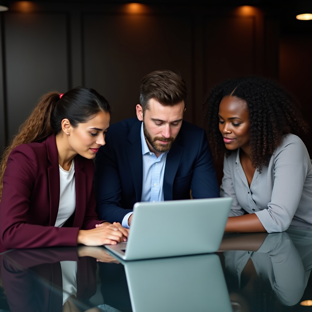 Three B2B marketing professionals in a focused discussion around a laptop, reviewing content performance metrics
