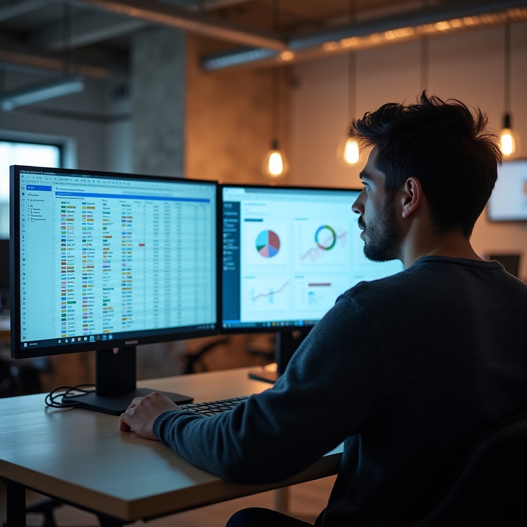 Analyst working through a structured content audit on dual monitors showing analytics dashboards